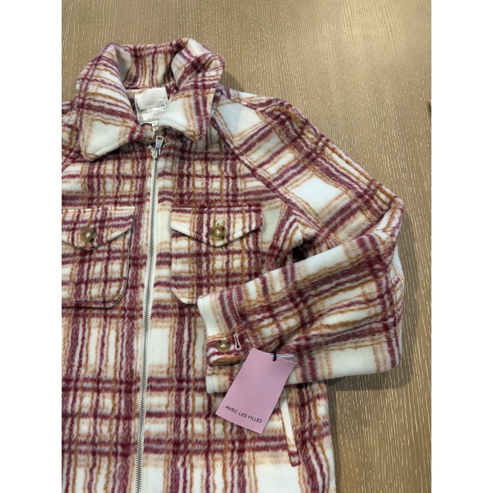 Avec Les Filles Women's Small Burgundy Cream Plaid Fleece Zip Jacket Shacket NWT